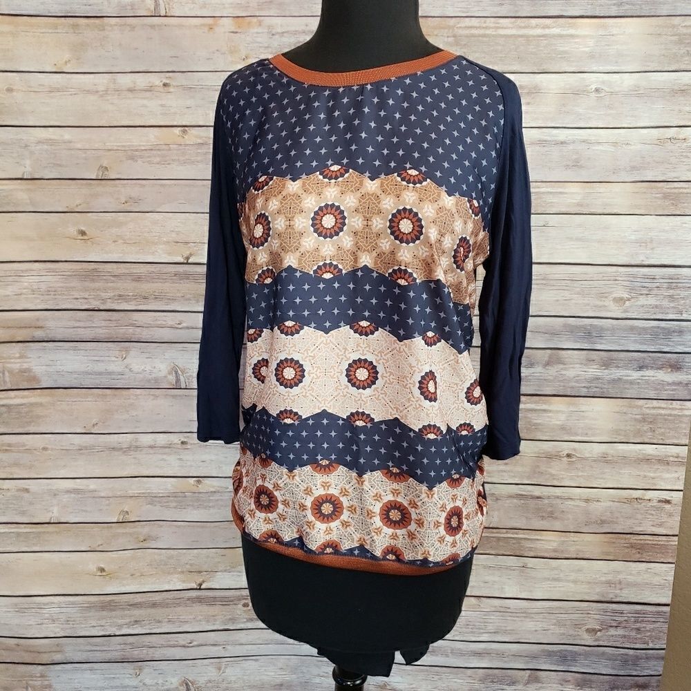 Zara w&b brown and blue 3/4 sleeve top